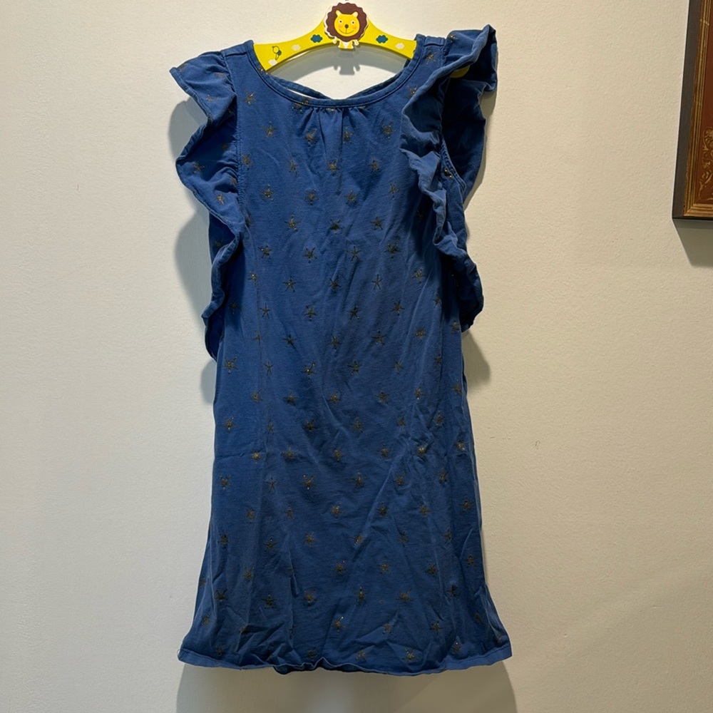 Tea Collection flutter sleeve blue dress with gold foil stars patterns, size 10